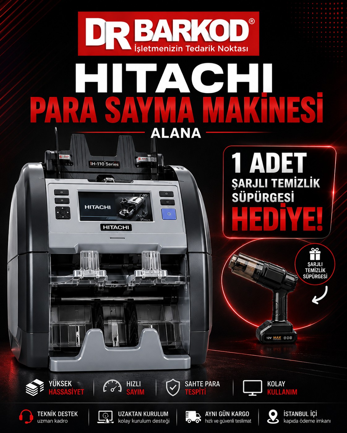 Hitachi-Hunter Ih-110 İki Katlı, 30 Ülke Kombinasyonlu Karışık Para Sayma Makinesi + Şarjlı Temizleme Süpürge Hediyeli
