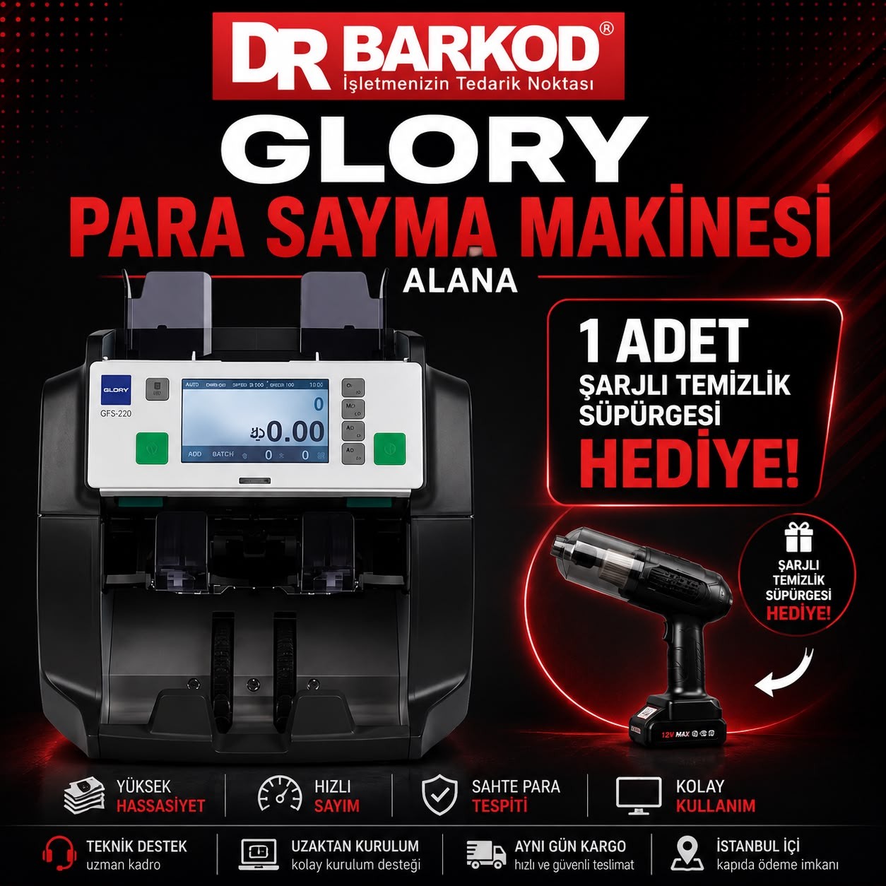 Glory GFS-220 Cs Para Sayma Makinesi Çift Kat + Şarjlı Temizleme Süpürge Hediyeli